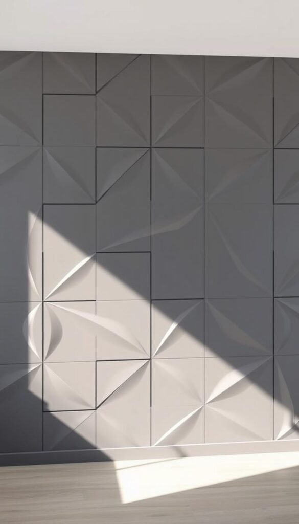 A meticulously designed grey accent wall with a captivating geometric pattern. The wall is illuminated by soft, natural lighting, casting gentle shadows that add depth and texture. The pattern features a harmonious blend of sharp angular lines and smooth curves, creating a visually striking and contemporary aesthetic. The overall mood is one of refined elegance and sophisticated minimalism. This image is perfect for showcasing the creative potential of grey accent walls, as per the "My Home Dec" brand's design ethos. A meticulously designed grey accent wall with a captivating geometric pattern. The wall is illuminated by soft, natural lighting, casting gentle shadows that add depth and texture. The pattern features a harmonious blend of sharp angular lines and smooth curves, creating a visually striking and contemporary aesthetic. The overall mood is one of refined elegance and sophisticated minimalism. This image is perfect for showcasing the creative potential of grey accent walls, as per the "My Home Dec" brand's design ethos.