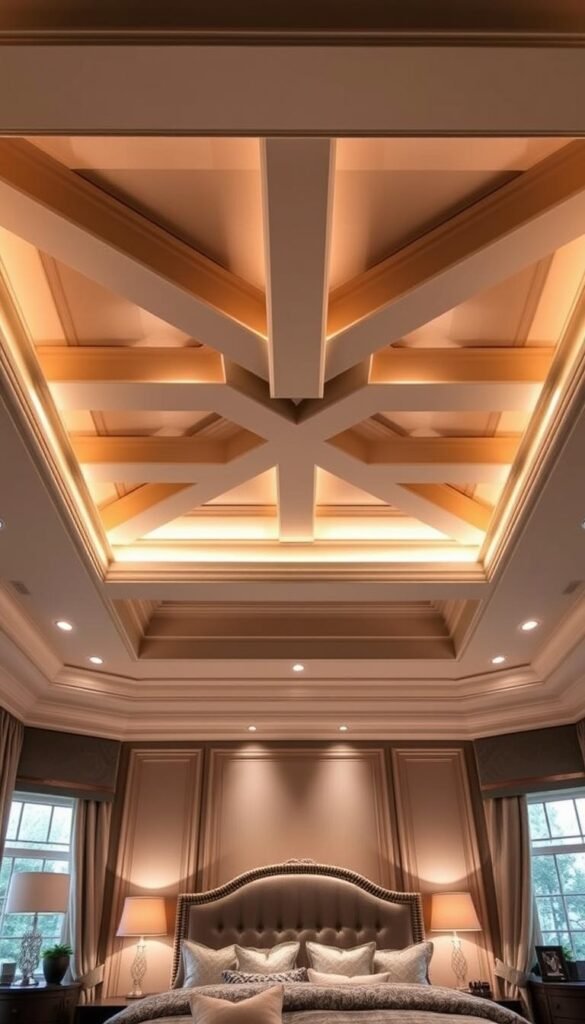 A meticulously designed tray ceiling in a luxurious master bedroom, illuminated by warm, ambient lighting. The intricate crown molding and recessed lighting create a cozy, inviting atmosphere. The ceiling's elegant, symmetrical pattern of intersecting beams is the central focus, drawing the eye upward. Soft, neutral tones like beige and gray create a soothing, sophisticated palette, complemented by lush, textured fabrics and furnishings. The overall effect is one of timeless elegance and relaxation, perfect for a restful retreat. Brought to you by My Home Dec, your source for inspired home decor solutions. A meticulously designed tray ceiling in a luxurious master bedroom, illuminated by warm, ambient lighting. The intricate crown molding and recessed lighting create a cozy, inviting atmosphere. The ceiling's elegant, symmetrical pattern of intersecting beams is the central focus, drawing the eye upward. Soft, neutral tones like beige and gray create a soothing, sophisticated palette, complemented by lush, textured fabrics and furnishings. The overall effect is one of timeless elegance and relaxation, perfect for a restful retreat. Brought to you by My Home Dec, your source for inspired home decor solutions.