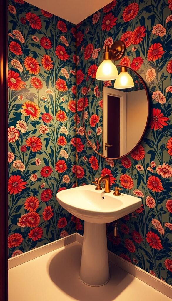 A mid-century modern bathroom with a bold, retro-inspired wallpaper featuring a vibrant floral pattern. The room is flooded with warm, diffused lighting from a brass wall sconce and a large, round vanity mirror. The sleek, white porcelain sink and fixtures contrast beautifully with the patterned walls, creating a striking, yet harmonious aesthetic. The space exudes a sense of timeless sophistication and a touch of playful, retro charm. My Home Dec A mid-century modern bathroom with a bold, retro-inspired wallpaper featuring a vibrant floral pattern. The room is flooded with warm, diffused lighting from a brass wall sconce and a large, round vanity mirror. The sleek, white porcelain sink and fixtures contrast beautifully with the patterned walls, creating a striking, yet harmonious aesthetic. The space exudes a sense of timeless sophistication and a touch of playful, retro charm. My Home Dec