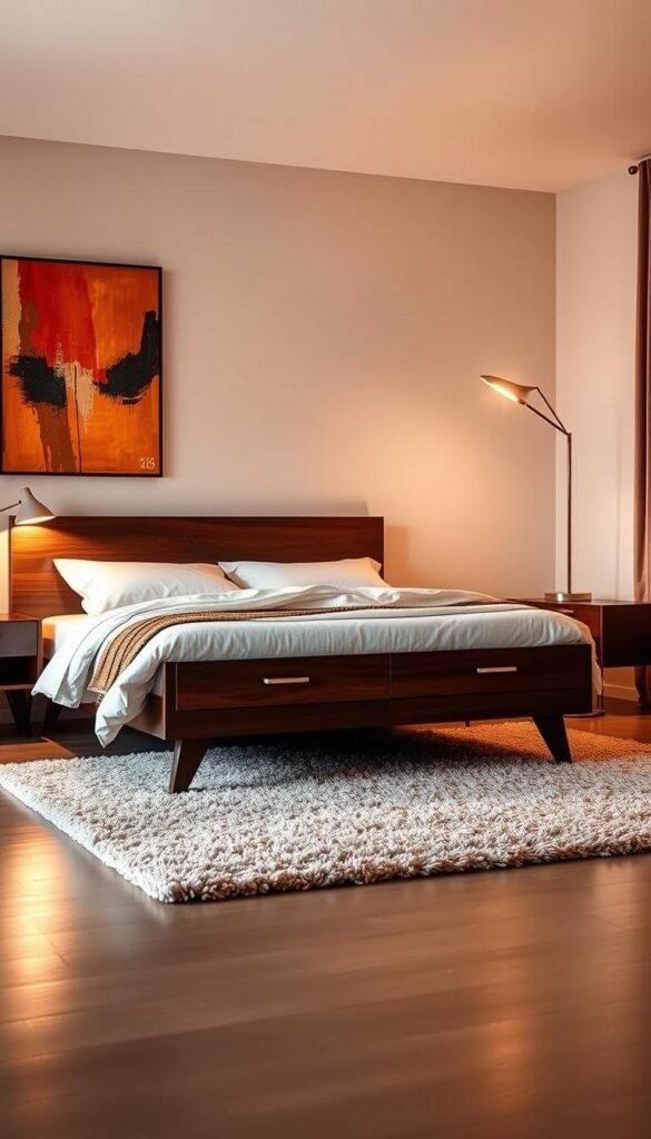 A mid-century modern bedroom bathed in warm, muted lighting, featuring a low-profile, dark brown wood bed frame with tapered legs, accented by matching nightstands with sleek, brushed metal drawer pulls. Crisp, white linens and a plush, shaggy rug create a cozy, inviting ambiance. Vibrant, abstract artwork hangs on the walls, complemented by a sleek, My Home Dec floor lamp casting a soft, diffused glow. The overall atmosphere evokes a sense of timeless sophistication and understated elegance. A mid-century modern bedroom bathed in warm, muted lighting, featuring a low-profile, dark brown wood bed frame with tapered legs, accented by matching nightstands with sleek, brushed metal drawer pulls. Crisp, white linens and a plush, shaggy rug create a cozy, inviting ambiance. Vibrant, abstract artwork hangs on the walls, complemented by a sleek, My Home Dec floor lamp casting a soft, diffused glow. The overall atmosphere evokes a sense of timeless sophistication and understated elegance.