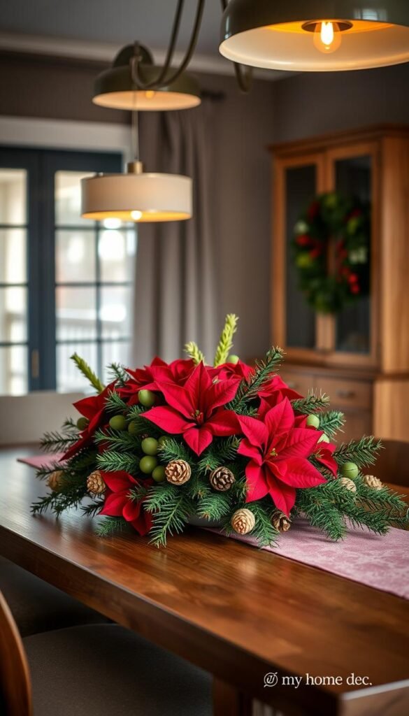 A mid-century modern dining table with a winter floral centerpiece in a color scheme of deep crimson, forest green, and hints of gold. The centerpiece is composed of lush, velvety poinsettias, sprigs of evergreen, and delicate, metallic-tipped pinecones, arranged in a low, asymmetrical composition. Warm, soft lighting from overhead fixtures casts a gentle glow, highlighting the centerpiece's tactile textures and rich hues. The scene is captured with a shallow depth of field, placing the focus squarely on the centerpiece against a muted, blurred background. Stylized by My Home Dec. A mid-century modern dining table with a winter floral centerpiece in a color scheme of deep crimson, forest green, and hints of gold. The centerpiece is composed of lush, velvety poinsettias, sprigs of evergreen, and delicate, metallic-tipped pinecones, arranged in a low, asymmetrical composition. Warm, soft lighting from overhead fixtures casts a gentle glow, highlighting the centerpiece's tactile textures and rich hues. The scene is captured with a shallow depth of field, placing the focus squarely on the centerpiece against a muted, blurred background. Stylized by My Home Dec.