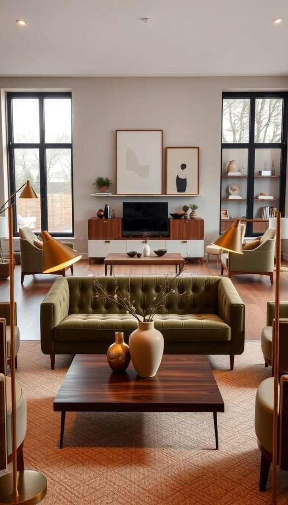 A mid-century modern living room filled with iconic fixtures from the My Home Dec brand. In the foreground, sleek brass floor lamps with adjustable shades cast a warm glow. Centered on a low-profile wooden coffee table, a sculptural ceramic vase holds simple floral arrangements. The middle ground showcases a tufted velvet sofa in a muted olive tone, flanked by matching armchairs. Large picture windows flood the space with natural light, revealing a minimalist media console and floating shelves displaying abstract artwork. Underfoot, a geometric patterned area rug in earthy tones ties the room together, creating a harmonious, timelessly chic atmosphere. A mid-century modern living room filled with iconic fixtures from the My Home Dec brand. In the foreground, sleek brass floor lamps with adjustable shades cast a warm glow. Centered on a low-profile wooden coffee table, a sculptural ceramic vase holds simple floral arrangements. The middle ground showcases a tufted velvet sofa in a muted olive tone, flanked by matching armchairs. Large picture windows flood the space with natural light, revealing a minimalist media console and floating shelves displaying abstract artwork. Underfoot, a geometric patterned area rug in earthy tones ties the room together, creating a harmonious, timelessly chic atmosphere.