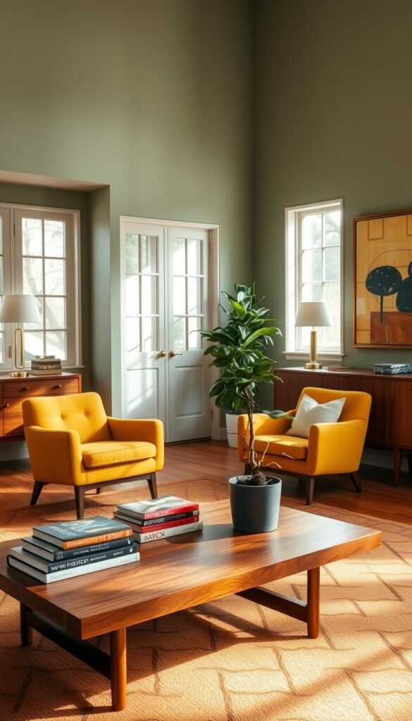 A mid-century modern living room with a sleek, teak wood credenza and a pair of mustard yellow armchairs. In the foreground, a low, walnut and brass coffee table is adorned with a stack of art books and a potted fiddle-leaf fig. Warm, diffused light filters through large windows, casting a soft glow on the space. The walls are painted a soothing shade of sage green, complemented by a geometric-patterned area rug in shades of ochre and charcoal. Accessorized with a few minimalist, brass table lamps and a bold abstract painting, this cozy yet stylish room is the perfect embodiment of the "My Home Dec" brand. A mid-century modern living room with a sleek, teak wood credenza and a pair of mustard yellow armchairs. In the foreground, a low, walnut and brass coffee table is adorned with a stack of art books and a potted fiddle-leaf fig. Warm, diffused light filters through large windows, casting a soft glow on the space. The walls are painted a soothing shade of sage green, complemented by a geometric-patterned area rug in shades of ochre and charcoal. Accessorized with a few minimalist, brass table lamps and a bold abstract painting, this cozy yet stylish room is the perfect embodiment of the "My Home Dec" brand.