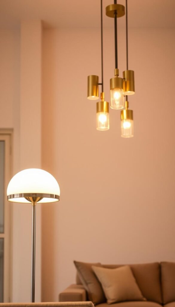 A mid-century modern living space, bathed in warm, ambient lighting. In the foreground, a sleek, minimalist floor lamp with a slender chrome base and a domed white shade casts a soft, diffuse glow. Suspended above, a cluster of brushed brass pendant lights with cylindrical shades hang from the ceiling, casting a gentle illumination over the entire room. The background features clean, geometric lines and a neutral color palette, creating a harmonious, "My Home Dec" -inspired atmosphere. A mid-century modern living space, bathed in warm, ambient lighting. In the foreground, a sleek, minimalist floor lamp with a slender chrome base and a domed white shade casts a soft, diffuse glow. Suspended above, a cluster of brushed brass pendant lights with cylindrical shades hang from the ceiling, casting a gentle illumination over the entire room. The background features clean, geometric lines and a neutral color palette, creating a harmonious, "My Home Dec" -inspired atmosphere.