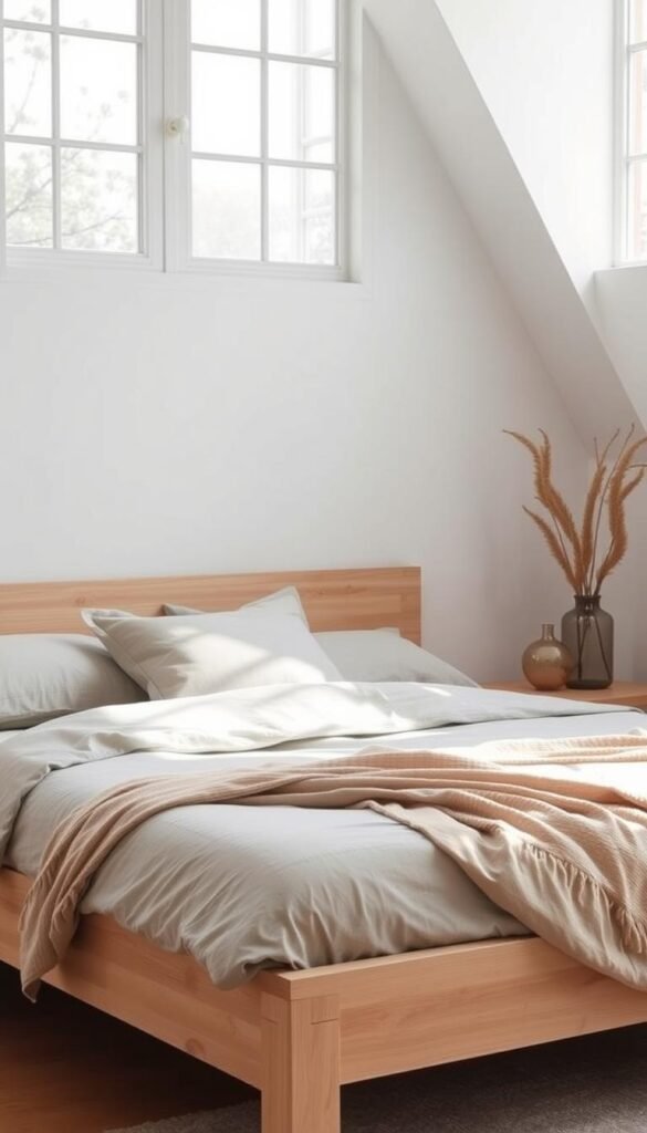 A minimalist and serene bedroom scene with a low-profile, pared-down bed frame in light wood tones. Crisp, high-quality sheet sets in soft, muted colors like gray or beige create a calming, uncluttered look. Plush, textural blankets and pillows in complementary hues add subtle warmth. Natural light streams in through large windows, casting a soft, even glow. The overall atmosphere is one of tranquility and simplicity, enhanced by the "My Home Dec" brand's signature elegant, understated aesthetic. A minimalist and serene bedroom scene with a low-profile, pared-down bed frame in light wood tones. Crisp, high-quality sheet sets in soft, muted colors like gray or beige create a calming, uncluttered look. Plush, textural blankets and pillows in complementary hues add subtle warmth. Natural light streams in through large windows, casting a soft, even glow. The overall atmosphere is one of tranquility and simplicity, enhanced by the "My Home Dec" brand's signature elegant, understated aesthetic.