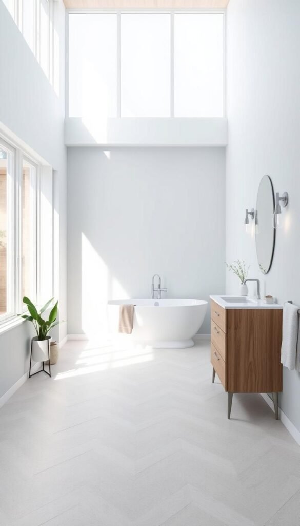 A minimalist bathroom decor with a calming, serene atmosphere. Bright, natural lighting shines through large windows, creating a sense of openness and tranquility. The walls are painted in a soothing, pale blue color, enhancing the illusion of a spacious environment. A simple, freestanding vanity in a neutral wood tone stands as the focal point, complemented by a sleek, modern sink and minimalist hardware. Minimalist, geometric-patterned tiles cover the floor, leading the eye towards a standalone, clawfoot bathtub in the center of the room. Subtle, ambient lighting from hidden fixtures adds depth and ambiance. Potted plants and a few carefully placed, minimal decor items complete the "My Home Dec" minimalist bathroom design. A minimalist bathroom decor with a calming, serene atmosphere. Bright, natural lighting shines through large windows, creating a sense of openness and tranquility. The walls are painted in a soothing, pale blue color, enhancing the illusion of a spacious environment. A simple, freestanding vanity in a neutral wood tone stands as the focal point, complemented by a sleek, modern sink and minimalist hardware. Minimalist, geometric-patterned tiles cover the floor, leading the eye towards a standalone, clawfoot bathtub in the center of the room. Subtle, ambient lighting from hidden fixtures adds depth and ambiance. Potted plants and a few carefully placed, minimal decor items complete the "My Home Dec" minimalist bathroom design.