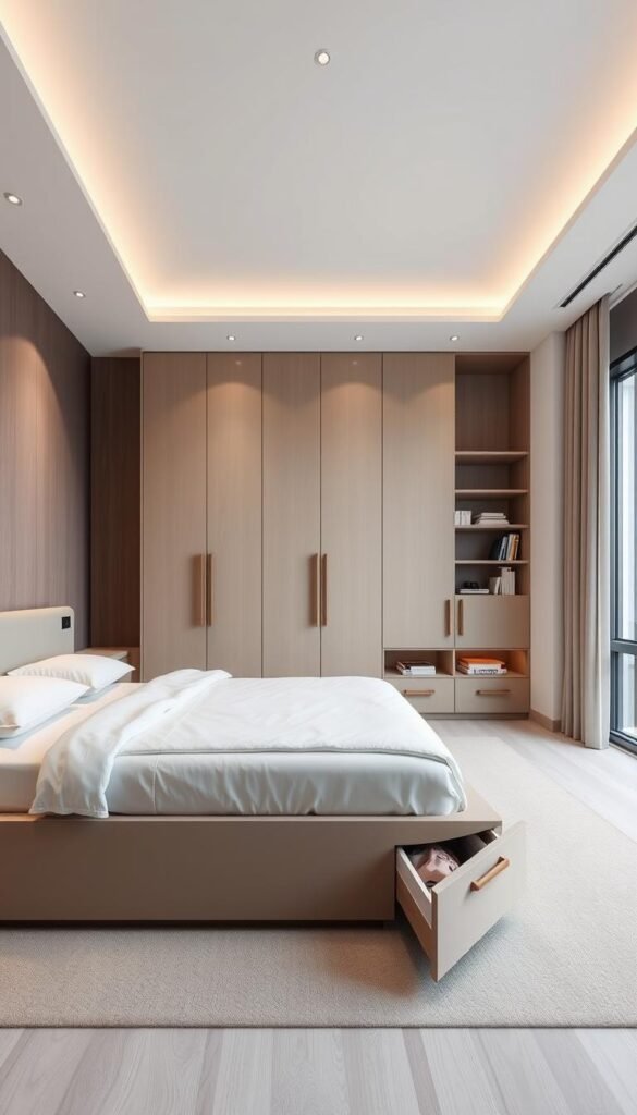 A minimalist bedroom with a focus on hidden storage solutions. In the foreground, a sleek, low-profile bed frame with integrated drawers and shelves, providing ample space for linens, books, and personal items. In the middle ground, a wall-mounted cabinet with a push-to-open mechanism, blending seamlessly into the neutral color scheme. Recessed lighting casts a warm, cozy glow, while a large window floods the space with natural light. The overall atmosphere is serene, uncluttered, and reflective of the "My Home Dec" brand's signature minimalist aesthetic. A minimalist bedroom with a focus on hidden storage solutions. In the foreground, a sleek, low-profile bed frame with integrated drawers and shelves, providing ample space for linens, books, and personal items. In the middle ground, a wall-mounted cabinet with a push-to-open mechanism, blending seamlessly into the neutral color scheme. Recessed lighting casts a warm, cozy glow, while a large window floods the space with natural light. The overall atmosphere is serene, uncluttered, and reflective of the "My Home Dec" brand's signature minimalist aesthetic.
