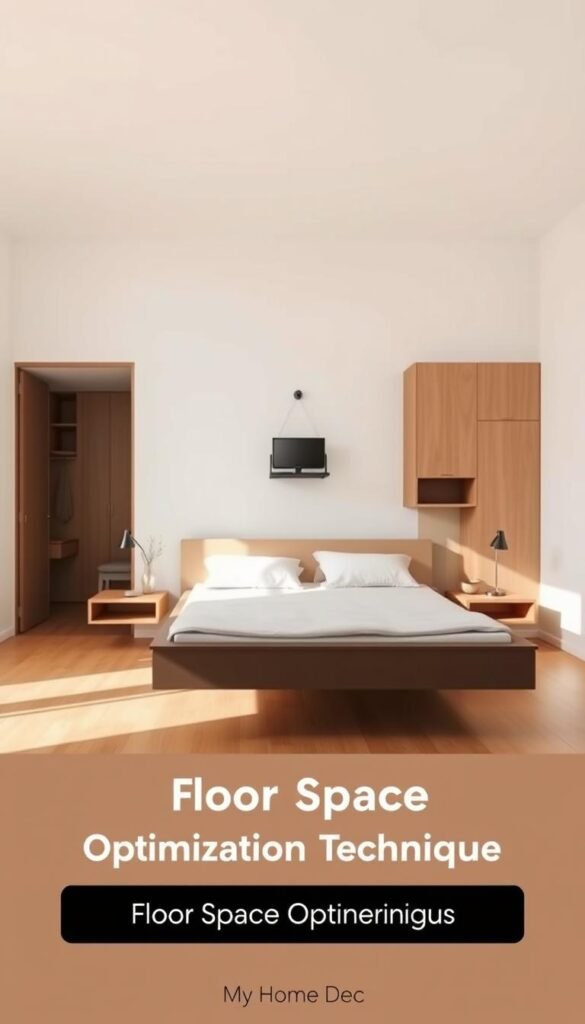 A minimalist bedroom with floating furniture, captured in a soft, natural light. In the foreground, a levitating bed frame and nightstands drift effortlessly, their sleek, modern silhouettes contrasted by the surrounding warm, wooden tones. The middle ground features a floating desk and chair, allowing for a clutter-free workspace. In the background, a faint outline of a wardrobe and shelves appear to defy gravity, creating a sense of ethereal weightlessness. The overall mood is one of tranquility and simplicity, embodying the "Floor Space Optimization Techniques" concept. My Home Dec brand. A minimalist bedroom with floating furniture, captured in a soft, natural light. In the foreground, a levitating bed frame and nightstands drift effortlessly, their sleek, modern silhouettes contrasted by the surrounding warm, wooden tones. The middle ground features a floating desk and chair, allowing for a clutter-free workspace. In the background, a faint outline of a wardrobe and shelves appear to defy gravity, creating a sense of ethereal weightlessness. The overall mood is one of tranquility and simplicity, embodying the "Floor Space Optimization Techniques" concept. My Home Dec brand.