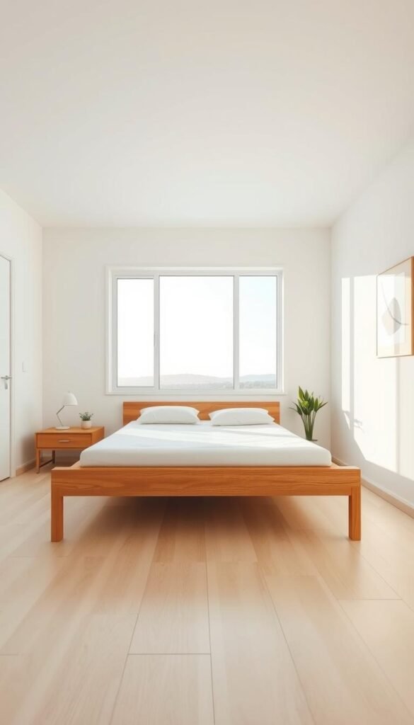 A minimalist bedroom with functional essentials. A serene, bright room with clean lines and neutral tones. In the foreground, a low wooden bed frame with a simple white mattress and matching bedding. On the nightstands, a minimalist lamp and a potted plant. In the middle ground, a large window overlooking a serene outdoor scene, filling the space with natural light. The background features a bare white wall with a single piece of abstract artwork. The lighting is soft and diffused, creating a calm, tranquil atmosphere. Captured with a wide-angle lens to emphasize the sense of spaciousness. My Home Dec - minimalist bedroom functionality. A minimalist bedroom with functional essentials. A serene, bright room with clean lines and neutral tones. In the foreground, a low wooden bed frame with a simple white mattress and matching bedding. On the nightstands, a minimalist lamp and a potted plant. In the middle ground, a large window overlooking a serene outdoor scene, filling the space with natural light. The background features a bare white wall with a single piece of abstract artwork. The lighting is soft and diffused, creating a calm, tranquil atmosphere. Captured with a wide-angle lens to emphasize the sense of spaciousness. My Home Dec - minimalist bedroom functionality.