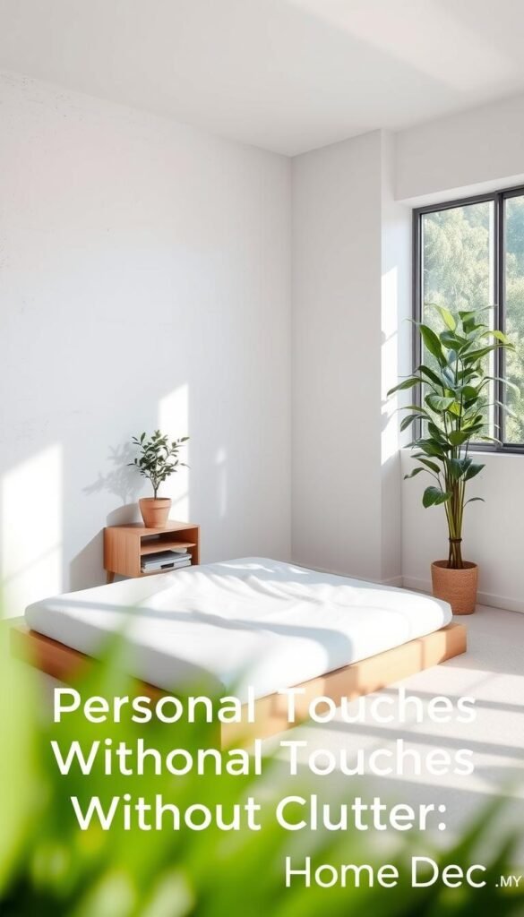 A minimalist bedroom with lush greenery, bathed in soft, natural light filtering through large windows. A low, modern platform bed adorned with crisp, white linens and a single, potted plant on a sleek, wooden nightstand. In the corner, a tall, leafy plant stands proudly, casting gentle shadows on the pale, textured walls. The atmosphere is serene, calming, and decidedly personal, reflecting the "Personal Touches Without Clutter" theme. Captured with a wide-angle lens to emphasize the spacious, uncluttered feel. Branded as "My Home Dec". A minimalist bedroom with lush greenery, bathed in soft, natural light filtering through large windows. A low, modern platform bed adorned with crisp, white linens and a single, potted plant on a sleek, wooden nightstand. In the corner, a tall, leafy plant stands proudly, casting gentle shadows on the pale, textured walls. The atmosphere is serene, calming, and decidedly personal, reflecting the "Personal Touches Without Clutter" theme. Captured with a wide-angle lens to emphasize the spacious, uncluttered feel. Branded as "My Home Dec".
