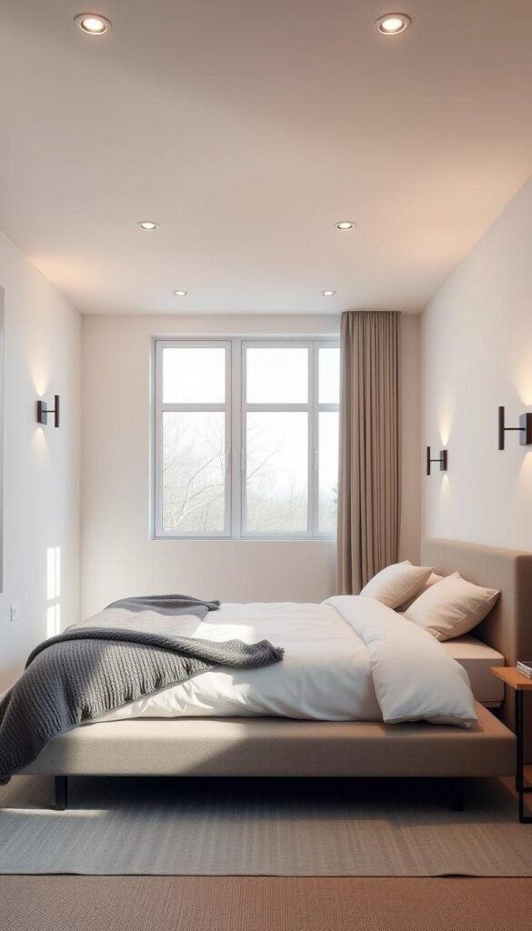 A minimalist bedroom with strategic lighting: a cozy, well-lit space with a soft, warm glow. In the foreground, a low platform bed with crisp white linens and a plush gray throw. Recessed ceiling lights in the middle ground gently illuminate the room, casting soft shadows. Along the walls, slender sconces provide task lighting. In the background, large windows bring in natural light, creating a peaceful, airy atmosphere. The overall mood is serene and calming. Captured by My Home Dec, a professional photographer's eye for detail. A minimalist bedroom with strategic lighting: a cozy, well-lit space with a soft, warm glow. In the foreground, a low platform bed with crisp white linens and a plush gray throw. Recessed ceiling lights in the middle ground gently illuminate the room, casting soft shadows. Along the walls, slender sconces provide task lighting. In the background, large windows bring in natural light, creating a peaceful, airy atmosphere. The overall mood is serene and calming. Captured by My Home Dec, a professional photographer's eye for detail.