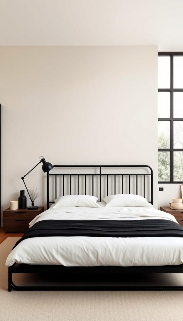 A minimalist black and cream bedroom with clean lines and a serene atmosphere. The space features a low-profile platform bed framed by a sleek black metal headboard, complemented by crisp white bedding. Muted cream walls create a calming backdrop, accented by a large window that floods the room with natural light. Carefully curated decor, such as a sleek black floor lamp and a few subtle cream accents, add touches of sophistication. The scene is captured with a wide-angle lens, showcasing the tranquil, uncluttered ambiance. The overall mood is one of understated elegance, a haven of tranquility. My Home Dec. A minimalist black and cream bedroom with clean lines and a serene atmosphere. The space features a low-profile platform bed framed by a sleek black metal headboard, complemented by crisp white bedding. Muted cream walls create a calming backdrop, accented by a large window that floods the room with natural light. Carefully curated decor, such as a sleek black floor lamp and a few subtle cream accents, add touches of sophistication. The scene is captured with a wide-angle lens, showcasing the tranquil, uncluttered ambiance. The overall mood is one of understated elegance, a haven of tranquility. My Home Dec.