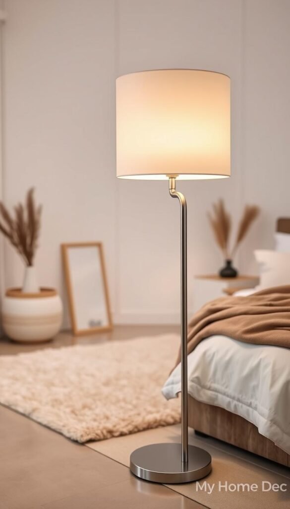 A minimalist floor lamp with a sleek, brushed metal base and a simple, cylindrical white shade that casts a warm, diffused glow. The lamp stands tall and elegant, its clean lines and neutral palette complementing a modern, well-designed bedroom. The lighting is soft and atmospheric, creating a cozy and inviting ambiance. In the foreground, the lamp is the focal point, while the background features a minimalist, Scandi-inspired decor with white walls, wood accents, and a plush, neutral-toned rug. The image was captured with a wide-angle lens to showcase the entire scene. Branded as "My Home Dec", this minimalist floor lamp design is the perfect addition to a serene and refined bedroom sanctuary. A minimalist floor lamp with a sleek, brushed metal base and a simple, cylindrical white shade that casts a warm, diffused glow. The lamp stands tall and elegant, its clean lines and neutral palette complementing a modern, well-designed bedroom. The lighting is soft and atmospheric, creating a cozy and inviting ambiance. In the foreground, the lamp is the focal point, while the background features a minimalist, Scandi-inspired decor with white walls, wood accents, and a plush, neutral-toned rug. The image was captured with a wide-angle lens to showcase the entire scene. Branded as "My Home Dec", this minimalist floor lamp design is the perfect addition to a serene and refined bedroom sanctuary.