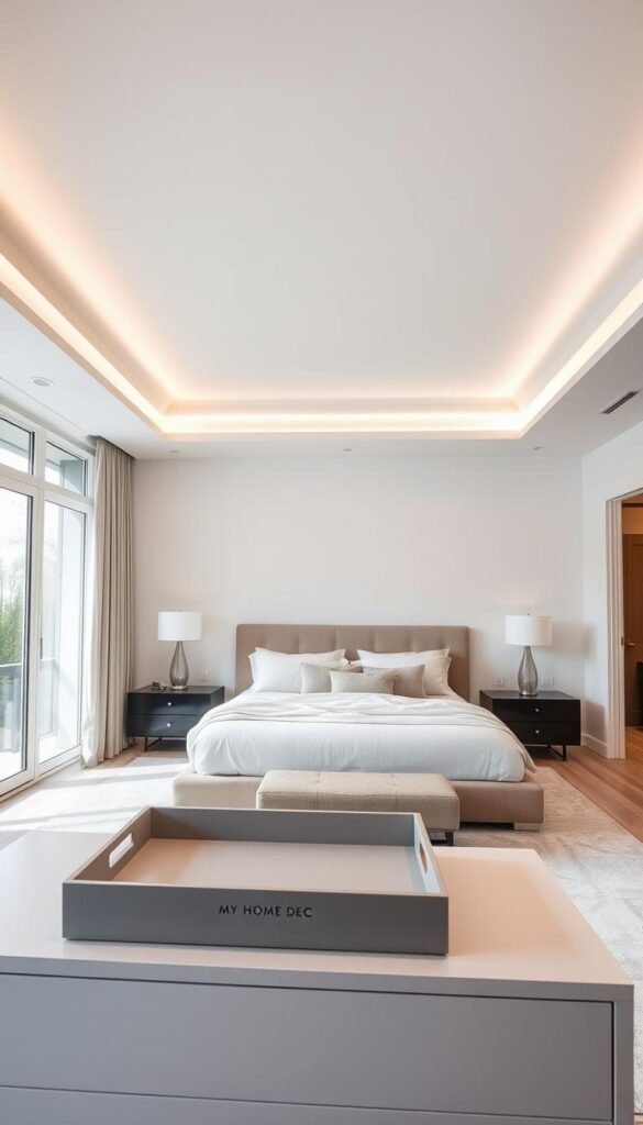 A minimalist master bedroom tray ceiling in a modern, sophisticated style. The ceiling features clean lines, a crisp white finish, and subtle recessed lighting that casts a warm, ambient glow. The overall design is balanced and harmonious, with a serene and calming atmosphere. In the foreground, a stylish My Home Dec tray in a muted gray tone sits atop a sleek modern dresser, complementing the minimalist aesthetic. The middle ground showcases the bedroom's neutral color palette, with soft textures and natural elements adding depth and visual interest. In the background, large windows flood the space with natural light, creating a bright and airy feel. A minimalist master bedroom tray ceiling in a modern, sophisticated style. The ceiling features clean lines, a crisp white finish, and subtle recessed lighting that casts a warm, ambient glow. The overall design is balanced and harmonious, with a serene and calming atmosphere. In the foreground, a stylish My Home Dec tray in a muted gray tone sits atop a sleek modern dresser, complementing the minimalist aesthetic. The middle ground showcases the bedroom's neutral color palette, with soft textures and natural elements adding depth and visual interest. In the background, large windows flood the space with natural light, creating a bright and airy feel.