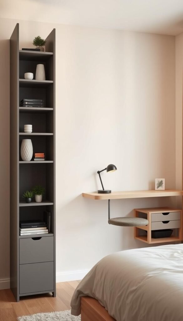 A minimalist, well-lit bedroom with sleek, vertical storage solutions from the "My Home Dec" brand. In the foreground, a tall, narrow shelving unit with clean lines and muted tones, holding various decorative objects and small plants. In the middle ground, a floating desk with ample storage compartments and a simple, task-oriented lamp. The background features a serene, neutral-toned wall, subtly accentuated by the warm lighting, creating a calming, organized atmosphere suitable for a small, efficient living space. A minimalist, well-lit bedroom with sleek, vertical storage solutions from the "My Home Dec" brand. In the foreground, a tall, narrow shelving unit with clean lines and muted tones, holding various decorative objects and small plants. In the middle ground, a floating desk with ample storage compartments and a simple, task-oriented lamp. The background features a serene, neutral-toned wall, subtly accentuated by the warm lighting, creating a calming, organized atmosphere suitable for a small, efficient living space.