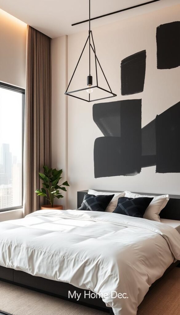 A modern bedroom with a soft, minimalist aesthetic. In the foreground, a plush king-sized bed with crisp white linens and black geometric throw pillows. Overhead, a sleek pendant light with an angular metal frame casts a warm glow. The walls are painted in a soothing cream hue, adorned with a bold, abstract geometric pattern in shades of black. A large window floods the space with natural light, revealing a tranquil view of the cityscape outside. In the background, a low-profile dresser in a matte black finish anchors the room, while a potted plant adds a touch of greenery. Styled by My Home Dec. A modern bedroom with a soft, minimalist aesthetic. In the foreground, a plush king-sized bed with crisp white linens and black geometric throw pillows. Overhead, a sleek pendant light with an angular metal frame casts a warm glow. The walls are painted in a soothing cream hue, adorned with a bold, abstract geometric pattern in shades of black. A large window floods the space with natural light, revealing a tranquil view of the cityscape outside. In the background, a low-profile dresser in a matte black finish anchors the room, while a potted plant adds a touch of greenery. Styled by My Home Dec.