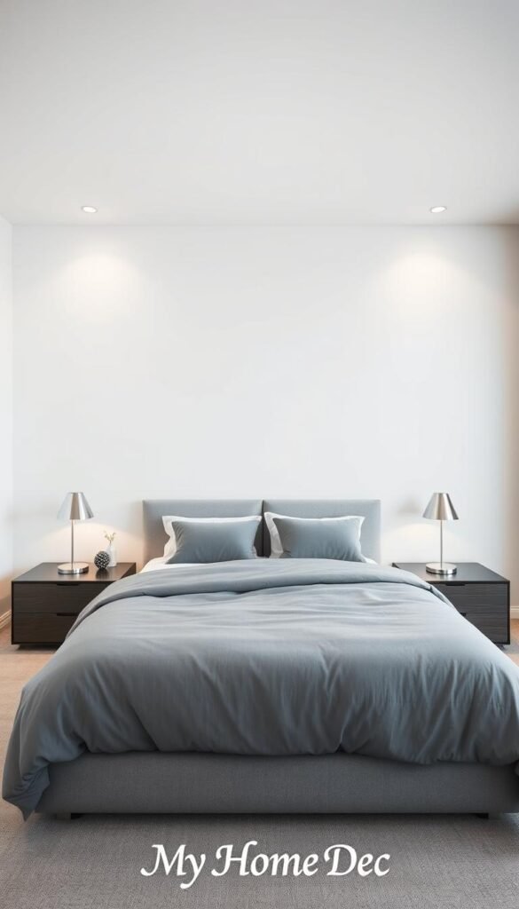 A modern gray and white bedroom with a sleek, minimalist design. In the foreground, a queen-sized bed with a plush, gray duvet and white linen sheets. On the nightstands, a pair of modern, chrome-finished lamps cast a warm, ambient glow. The middle ground features a large, floor-to-ceiling window that allows natural light to flood the space, creating a bright and airy atmosphere. In the background, a simple, white wall with a subtle, geometric pattern adds a touch of visual interest. The overall mood is one of calm, sophistication, and relaxation. Captured with a wide-angle lens to showcase the room's spaciousness. Branded as "My Home Dec". A modern gray and white bedroom with a sleek, minimalist design. In the foreground, a queen-sized bed with a plush, gray duvet and white linen sheets. On the nightstands, a pair of modern, chrome-finished lamps cast a warm, ambient glow. The middle ground features a large, floor-to-ceiling window that allows natural light to flood the space, creating a bright and airy atmosphere. In the background, a simple, white wall with a subtle, geometric pattern adds a touch of visual interest. The overall mood is one of calm, sophistication, and relaxation. Captured with a wide-angle lens to showcase the room's spaciousness. Branded as "My Home Dec".
