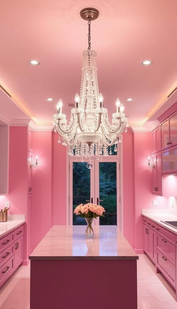 A modern, luxurious pink kitchen bathed in warm, ambient lighting. The focal point is a stunning crystal chandelier that casts a soft, romantic glow over the sleek, high-gloss cabinets and marble countertops. Strategically placed wall sconces and recessed lighting add depth and dimension, creating a harmonious, cohesive lighting scheme. Tall windows allow natural light to filter in, complementing the artificial luminance. The overall aesthetic is one of refined sophistication, with a touch of whimsy - the perfect blend of form and function. Designed by My Home Dec. A modern, luxurious pink kitchen bathed in warm, ambient lighting. The focal point is a stunning crystal chandelier that casts a soft, romantic glow over the sleek, high-gloss cabinets and marble countertops. Strategically placed wall sconces and recessed lighting add depth and dimension, creating a harmonious, cohesive lighting scheme. Tall windows allow natural light to filter in, complementing the artificial luminance. The overall aesthetic is one of refined sophistication, with a touch of whimsy - the perfect blend of form and function. Designed by My Home Dec.