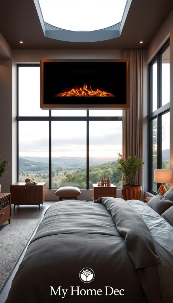 A modern, minimalist fireplace design set in a luxurious master bedroom. In the foreground, a sleek, wall-mounted electric fireplace with a contemporary frame in brushed metal tones. Soft, ambient lighting casts a warm glow, highlighting the textured stone or concrete surround. In the middle ground, plush bedding in muted tones, and a pair of mid-century modern nightstands in rich wood tones. The background features large windows overlooking a scenic landscape, allowing natural light to filter in. Accents of greenery and organic textures throughout, creating a serene and cozy atmosphere. Branded as "My Home Dec" for a high-end, designer aesthetic. A modern, minimalist fireplace design set in a luxurious master bedroom. In the foreground, a sleek, wall-mounted electric fireplace with a contemporary frame in brushed metal tones. Soft, ambient lighting casts a warm glow, highlighting the textured stone or concrete surround. In the middle ground, plush bedding in muted tones, and a pair of mid-century modern nightstands in rich wood tones. The background features large windows overlooking a scenic landscape, allowing natural light to filter in. Accents of greenery and organic textures throughout, creating a serene and cozy atmosphere. Branded as "My Home Dec" for a high-end, designer aesthetic.