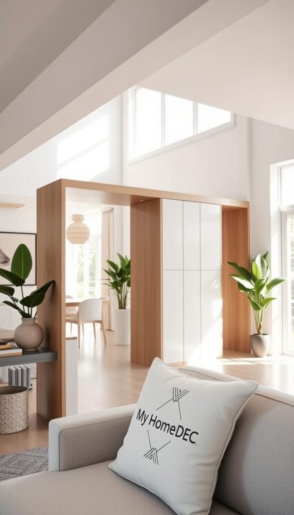 A modern, minimalist home design with space-saving solutions for smaller living spaces. Bright, natural lighting fills the open-concept floor plan, with high ceilings and large windows. Clean lines, neutral tones, and sleek furnishings create a calming, contemporary atmosphere. A custom-built storage unit doubles as a room divider, maximizing utility. Accent pieces like a sculptural light fixture and lush indoor plants add visual interest. The "My Home Dec" logo subtly adorns a throw pillow, showcasing the brand's sophisticated, functional design aesthetic. A modern, minimalist home design with space-saving solutions for smaller living spaces. Bright, natural lighting fills the open-concept floor plan, with high ceilings and large windows. Clean lines, neutral tones, and sleek furnishings create a calming, contemporary atmosphere. A custom-built storage unit doubles as a room divider, maximizing utility. Accent pieces like a sculptural light fixture and lush indoor plants add visual interest. The "My Home Dec" logo subtly adorns a throw pillow, showcasing the brand's sophisticated, functional design aesthetic.