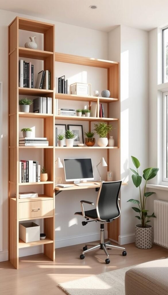 A modern, minimalist home office featuring a floor-to-ceiling wall-mounted shelving unit in a pale oak finish. The shelves are neatly organized with books, potted plants, and decorative accents, maximizing vertical space in the compact room. Soft natural light filters in through large windows, casting a warm glow on the white walls and light-colored wood furnishings. The overall aesthetic is one of serene productivity, perfect for a small, efficient workspace. My Home Dec brand. A modern, minimalist home office featuring a floor-to-ceiling wall-mounted shelving unit in a pale oak finish. The shelves are neatly organized with books, potted plants, and decorative accents, maximizing vertical space in the compact room. Soft natural light filters in through large windows, casting a warm glow on the white walls and light-colored wood furnishings. The overall aesthetic is one of serene productivity, perfect for a small, efficient workspace. My Home Dec brand.