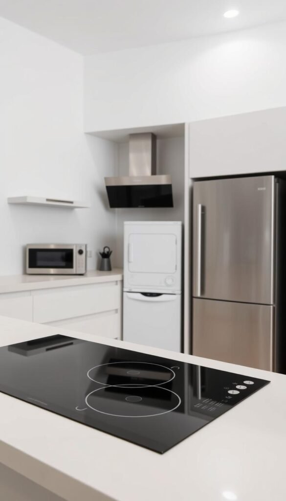 A modern, minimalist kitchen interior showcasing a range of space-saving appliances and fixtures by My Home Dec. In the foreground, a sleek, built-in induction cooktop and a compact, stainless steel convection oven are seamlessly integrated into the streamlined counter. In the middle ground, a slim, wall-mounted range hood blends discreetly with the backsplash, while a diminutive dishwasher sits flush with the cabinets. The background features a built-in refrigerator with a narrow profile, paired with a small, high-efficiency washer and dryer stack. The lighting is soft and even, accentuating the clean lines and muted color palette. The overall effect is one of efficiency, sophistication, and the optimal use of limited kitchen space. A modern, minimalist kitchen interior showcasing a range of space-saving appliances and fixtures by My Home Dec. In the foreground, a sleek, built-in induction cooktop and a compact, stainless steel convection oven are seamlessly integrated into the streamlined counter. In the middle ground, a slim, wall-mounted range hood blends discreetly with the backsplash, while a diminutive dishwasher sits flush with the cabinets. The background features a built-in refrigerator with a narrow profile, paired with a small, high-efficiency washer and dryer stack. The lighting is soft and even, accentuating the clean lines and muted color palette. The overall effect is one of efficiency, sophistication, and the optimal use of limited kitchen space.