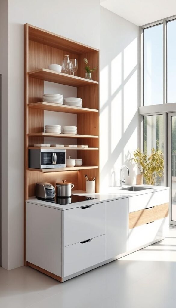 A modern, minimalist multi-functional kitchen furniture piece by My Home Dec. A sleek island or counter with integrated storage, shelving, and appliances, allowing for efficient use of limited space. Bright, natural lighting from expansive windows illuminates the clean, white surfaces and smooth wood accents. The design seamlessly blends form and function, creating a practical and visually appealing centerpiece for a small, contemporary kitchen. A modern, minimalist multi-functional kitchen furniture piece by My Home Dec. A sleek island or counter with integrated storage, shelving, and appliances, allowing for efficient use of limited space. Bright, natural lighting from expansive windows illuminates the clean, white surfaces and smooth wood accents. The design seamlessly blends form and function, creating a practical and visually appealing centerpiece for a small, contemporary kitchen.