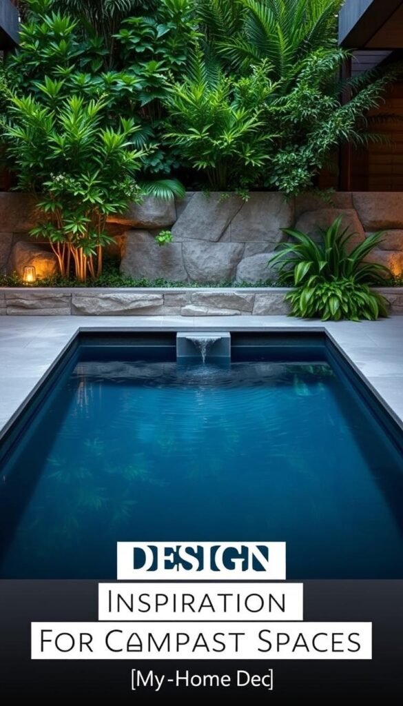 A modern minimalist plunge pool design with clean lines and a sleek, minimalist aesthetic. The pool is set against a backdrop of natural stone walls and lush, verdant foliage, creating a serene and calming atmosphere. The pool itself is a simple, rectangular shape with a minimalist overflow design, allowing the water to seamlessly blend with the surrounding environment. The lighting is soft and indirect, casting a warm glow over the scene. The overall composition is balanced and harmonious, reflecting the "Design Inspirations for Compact Spaces" theme. Branding: "My Home Dec". A modern minimalist plunge pool design with clean lines and a sleek, minimalist aesthetic. The pool is set against a backdrop of natural stone walls and lush, verdant foliage, creating a serene and calming atmosphere. The pool itself is a simple, rectangular shape with a minimalist overflow design, allowing the water to seamlessly blend with the surrounding environment. The lighting is soft and indirect, casting a warm glow over the scene. The overall composition is balanced and harmonious, reflecting the "Design Inspirations for Compact Spaces" theme. Branding: "My Home Dec".