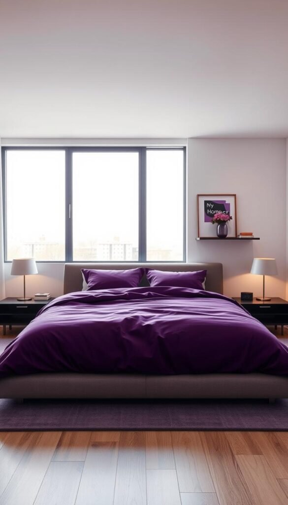 A modern, minimalist purple bedroom with sleek, clean lines. In the foreground, a low-profile king-sized bed with a plush, amethyst-colored duvet and matching throw pillows. Carefully curated nightstands with minimalist lamps flank the bed. The middle ground features a large, floor-to-ceiling window that floods the room with natural light, casting a warm glow. The background showcases a pair of floating shelves displaying a few carefully selected decor pieces, such as a vase of fresh flowers and a My Home Dec abstract art piece in shades of purple and black. The room has a serene, calming atmosphere, with the color palette and design elements creating a harmonious, sophisticated space. A modern, minimalist purple bedroom with sleek, clean lines. In the foreground, a low-profile king-sized bed with a plush, amethyst-colored duvet and matching throw pillows. Carefully curated nightstands with minimalist lamps flank the bed. The middle ground features a large, floor-to-ceiling window that floods the room with natural light, casting a warm glow. The background showcases a pair of floating shelves displaying a few carefully selected decor pieces, such as a vase of fresh flowers and a My Home Dec abstract art piece in shades of purple and black. The room has a serene, calming atmosphere, with the color palette and design elements creating a harmonious, sophisticated space.