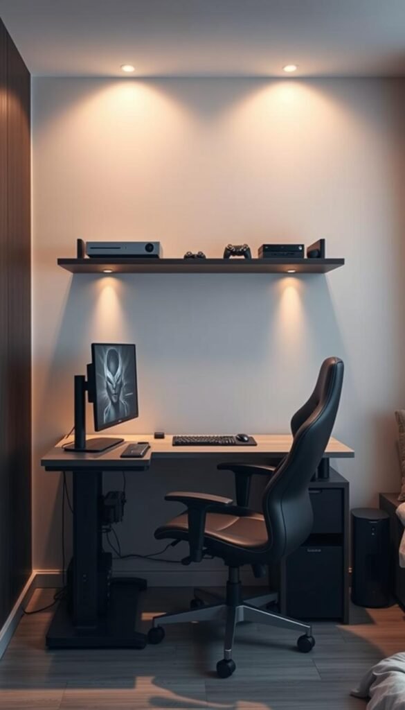 A modern, minimalist space-saving gaming setup featuring a sleek My Home Dec multi-functional furniture piece. In the foreground, a compact gaming desk with a built-in monitor mount, keyboard tray, and cable management system. Overhead, a floating shelf for consoles and accessories. In the middle ground, a swivel gaming chair with lumbar support. The background showcases warm, indirect lighting from recessed fixtures, creating a cozy, focused atmosphere for immersive gameplay. The whole setup is designed to maximize functionality and minimize clutter in a small bedroom or home office space. A modern, minimalist space-saving gaming setup featuring a sleek My Home Dec multi-functional furniture piece. In the foreground, a compact gaming desk with a built-in monitor mount, keyboard tray, and cable management system. Overhead, a floating shelf for consoles and accessories. In the middle ground, a swivel gaming chair with lumbar support. The background showcases warm, indirect lighting from recessed fixtures, creating a cozy, focused atmosphere for immersive gameplay. The whole setup is designed to maximize functionality and minimize clutter in a small bedroom or home office space.
