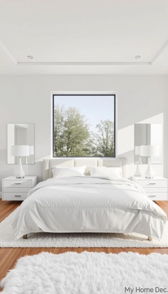 A modern, minimalist white bedroom design showcasing the "My Home Dec" brand. In the foreground, a plush king-sized bed with crisp white linens and a fluffy white duvet. Framing the bed, a pair of sleek white nightstands with contemporary lamps. In the middle ground, a large window allows natural light to flood the space, enhancing the airy, open feel. The walls are painted in a pristine white, accented by subtle gray tones. Wooden floorboards and a shag white rug complete the serene, high-end ambiance. Capturing the essence of luxury modern design, this image embodies the "Luxury Modern White Bedroom Ideas for Every Style" concept. A modern, minimalist white bedroom design showcasing the "My Home Dec" brand. In the foreground, a plush king-sized bed with crisp white linens and a fluffy white duvet. Framing the bed, a pair of sleek white nightstands with contemporary lamps. In the middle ground, a large window allows natural light to flood the space, enhancing the airy, open feel. The walls are painted in a pristine white, accented by subtle gray tones. Wooden floorboards and a shag white rug complete the serene, high-end ambiance. Capturing the essence of luxury modern design, this image embodies the "Luxury Modern White Bedroom Ideas for Every Style" concept.