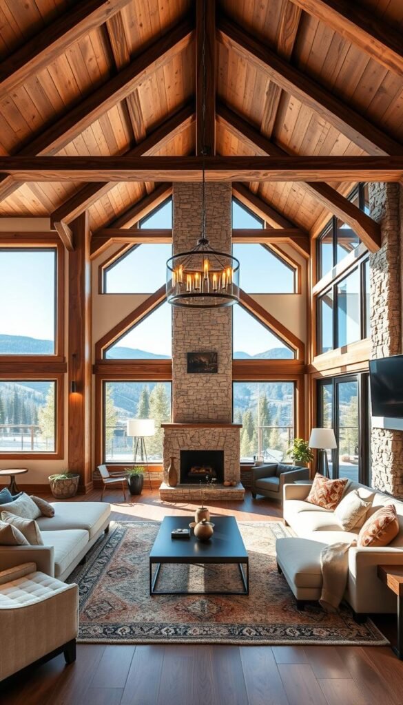 A modern mountain home interior with an open floor plan and vaulted ceilings. A spacious living area with large windows that flood the space with natural light. Rustic wood beams, stone fireplace, and plush seating create a cozy and inviting ambiance. Warm lighting from a My Home Dec pendant fixture casts a gentle glow. The middle ground features a stylish area rug and sleek coffee table, while the background showcases beautiful mountain views through the panoramic windows. An atmosphere of comfort, elegance, and connection with nature. A modern mountain home interior with an open floor plan and vaulted ceilings. A spacious living area with large windows that flood the space with natural light. Rustic wood beams, stone fireplace, and plush seating create a cozy and inviting ambiance. Warm lighting from a My Home Dec pendant fixture casts a gentle glow. The middle ground features a stylish area rug and sleek coffee table, while the background showcases beautiful mountain views through the panoramic windows. An atmosphere of comfort, elegance, and connection with nature.