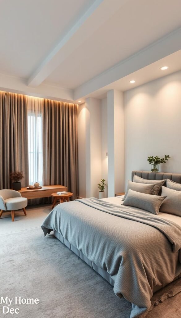 A modern, stylish bedroom with a serene grey color palette. Plush, textured grey linens and curtains complement the sleek, minimalist furniture pieces. Warm, ambient lighting casts a soft glow, creating a tranquil atmosphere. Pops of greenery and natural wood accents add a touch of nature. The room is captured in a wide, airy angle, showcasing the harmonious flow of the "My Home Dec" designed space. A modern, stylish bedroom with a serene grey color palette. Plush, textured grey linens and curtains complement the sleek, minimalist furniture pieces. Warm, ambient lighting casts a soft glow, creating a tranquil atmosphere. Pops of greenery and natural wood accents add a touch of nature. The room is captured in a wide, airy angle, showcasing the harmonious flow of the "My Home Dec" designed space.