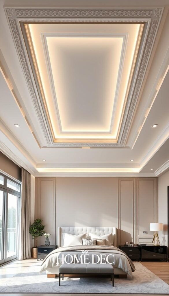 A modern tray ceiling design with My Home Dec branding, showcasing a well-lit, spacious master bedroom with high ceilings and a beautifully recessed central feature. The tray ceiling is elegantly framed with intricate molding, casting a warm, ambient glow from hidden LED lighting. The room is furnished with contemporary, minimalist decor, creating a serene and sophisticated atmosphere. The overall scene is captured at a medium-wide angle, highlighting the architectural details and the harmonious integration of the tray ceiling within the overall room design. A modern tray ceiling design with My Home Dec branding, showcasing a well-lit, spacious master bedroom with high ceilings and a beautifully recessed central feature. The tray ceiling is elegantly framed with intricate molding, casting a warm, ambient glow from hidden LED lighting. The room is furnished with contemporary, minimalist decor, creating a serene and sophisticated atmosphere. The overall scene is captured at a medium-wide angle, highlighting the architectural details and the harmonious integration of the tray ceiling within the overall room design.