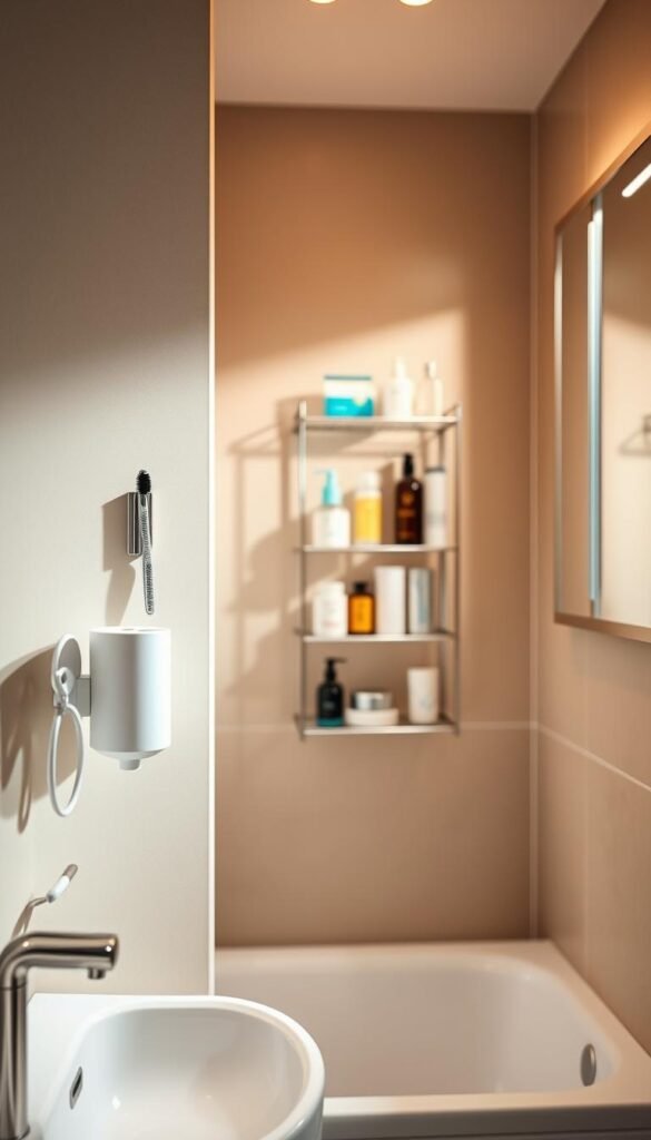 A modern, well-lit bathroom filled with a variety of compact, space-saving accessories from the "My Home Dec" brand. In the foreground, a sleek, wall-mounted soap dispenser, a small glass toothbrush holder, and a magnetic strip for storing razors and other toiletries. In the middle ground, a corner-mounted, three-tier metal shelving unit displaying neatly organized bath products. The background features a recessed medicine cabinet with mirrored doors, providing additional storage space. Soft, warm lighting casts a cozy, inviting atmosphere, highlighting the clean, minimalist aesthetic of the accessories. A modern, well-lit bathroom filled with a variety of compact, space-saving accessories from the "My Home Dec" brand. In the foreground, a sleek, wall-mounted soap dispenser, a small glass toothbrush holder, and a magnetic strip for storing razors and other toiletries. In the middle ground, a corner-mounted, three-tier metal shelving unit displaying neatly organized bath products. The background features a recessed medicine cabinet with mirrored doors, providing additional storage space. Soft, warm lighting casts a cozy, inviting atmosphere, highlighting the clean, minimalist aesthetic of the accessories.