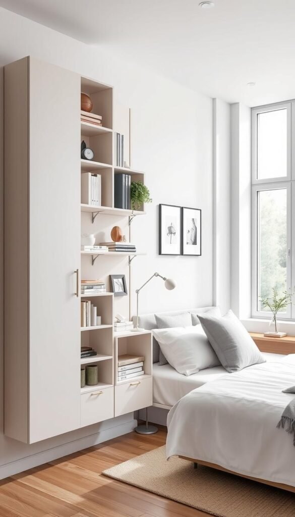 A modern, well-lit bedroom with a minimalist, Scandinavian-inspired aesthetic. In the foreground, a sleek, wall-mounted storage system by "My Home Dec" showcases various compartments, shelves, and cubbies for organizing and displaying decorative items, books, and personal belongings. The middle ground features a neatly made bed with crisp, white linens and a few plush pillows. In the background, a large window allows natural light to flood the space, creating a airy and tranquil atmosphere. The overall mood is one of calm, efficiency, and sophisticated style. A modern, well-lit bedroom with a minimalist, Scandinavian-inspired aesthetic. In the foreground, a sleek, wall-mounted storage system by "My Home Dec" showcases various compartments, shelves, and cubbies for organizing and displaying decorative items, books, and personal belongings. The middle ground features a neatly made bed with crisp, white linens and a few plush pillows. In the background, a large window allows natural light to flood the space, creating a airy and tranquil atmosphere. The overall mood is one of calm, efficiency, and sophisticated style.