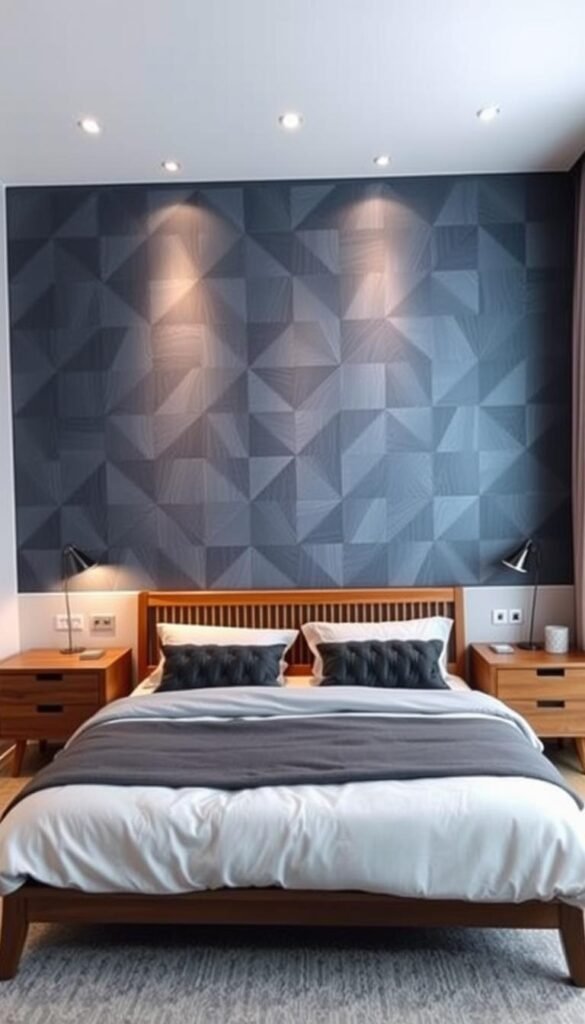 A modern, well-lit bedroom with a statement accent wall. The wall features a striking geometric pattern in muted tones of blue and gray, creating a sense of depth and visual interest. The lighting is soft and indirect, casting a warm glow on the textured wall surface. A mid-century inspired wooden bed frame and nightstands occupy the foreground, complemented by plush bedding and minimalist decor. The overall atmosphere is serene and sophisticated, showcasing the latest trends in "My Home Dec" accent wall design. A modern, well-lit bedroom with a statement accent wall. The wall features a striking geometric pattern in muted tones of blue and gray, creating a sense of depth and visual interest. The lighting is soft and indirect, casting a warm glow on the textured wall surface. A mid-century inspired wooden bed frame and nightstands occupy the foreground, complemented by plush bedding and minimalist decor. The overall atmosphere is serene and sophisticated, showcasing the latest trends in "My Home Dec" accent wall design.