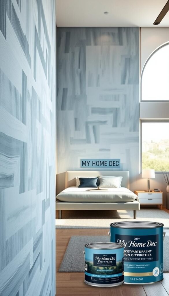 A modern, well-lit bedroom with a striking DIY accent wall. In the foreground, an artistic, textured paint pattern in soft blues and grays covers the wall, creating a calming, sophisticated vibe. Careful brush strokes and color gradients add visual interest. In the middle ground, a sleek, minimalist bed frame and nightstands complement the accent wall. Warm, diffused lighting from a large window illuminates the space, casting a cozy glow. The background features subtle, neutral-toned decor, allowing the accent wall to take center stage. "My Home Dec" brand paint supplies are featured, showcasing the high-quality finish. A modern, well-lit bedroom with a striking DIY accent wall. In the foreground, an artistic, textured paint pattern in soft blues and grays covers the wall, creating a calming, sophisticated vibe. Careful brush strokes and color gradients add visual interest. In the middle ground, a sleek, minimalist bed frame and nightstands complement the accent wall. Warm, diffused lighting from a large window illuminates the space, casting a cozy glow. The background features subtle, neutral-toned decor, allowing the accent wall to take center stage. "My Home Dec" brand paint supplies are featured, showcasing the high-quality finish.