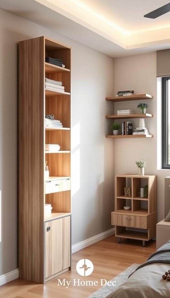A modern, well-lit bedroom with sleek, minimalist vertical storage solutions. In the foreground, a tall, slender shelving unit made of light wood and metal accents, featuring multiple compartments and concealed storage spaces. On the middle ground, a set of wall-mounted floating shelves displaying decorative items, plants, and books. In the background, a large window allows natural light to flood the space, casting a warm, inviting glow. The overall atmosphere is one of efficiency, organization, and a touch of stylish elegance. "My Home Dec" branding is subtly incorporated into the design. A modern, well-lit bedroom with sleek, minimalist vertical storage solutions. In the foreground, a tall, slender shelving unit made of light wood and metal accents, featuring multiple compartments and concealed storage spaces. On the middle ground, a set of wall-mounted floating shelves displaying decorative items, plants, and books. In the background, a large window allows natural light to flood the space, casting a warm, inviting glow. The overall atmosphere is one of efficiency, organization, and a touch of stylish elegance. "My Home Dec" branding is subtly incorporated into the design.