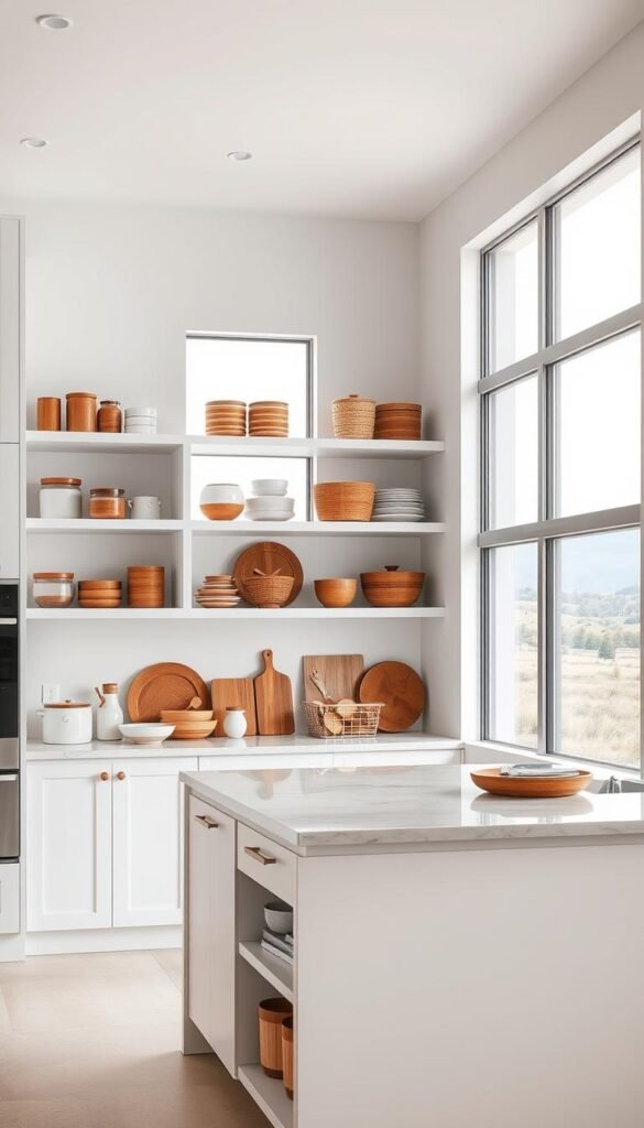 A modern, well-lit kitchen with sleek, minimalist white cabinetry and open shelving displaying stylish, coordinated kitchen items. In the foreground, a mix of wooden and ceramic kitchen storage containers, jars, and baskets neatly organized on the shelves. The middle ground features a central island with a marble countertop, providing additional storage and a practical work surface. The background showcases large windows, letting in abundant natural light and framing a view of a serene, natural landscape outside. The overall atmosphere is one of clean, sophisticated design and efficient, clutter-free storage solutions for the "My Home Dec" kitchen. A modern, well-lit kitchen with sleek, minimalist white cabinetry and open shelving displaying stylish, coordinated kitchen items. In the foreground, a mix of wooden and ceramic kitchen storage containers, jars, and baskets neatly organized on the shelves. The middle ground features a central island with a marble countertop, providing additional storage and a practical work surface. The background showcases large windows, letting in abundant natural light and framing a view of a serene, natural landscape outside. The overall atmosphere is one of clean, sophisticated design and efficient, clutter-free storage solutions for the "My Home Dec" kitchen.