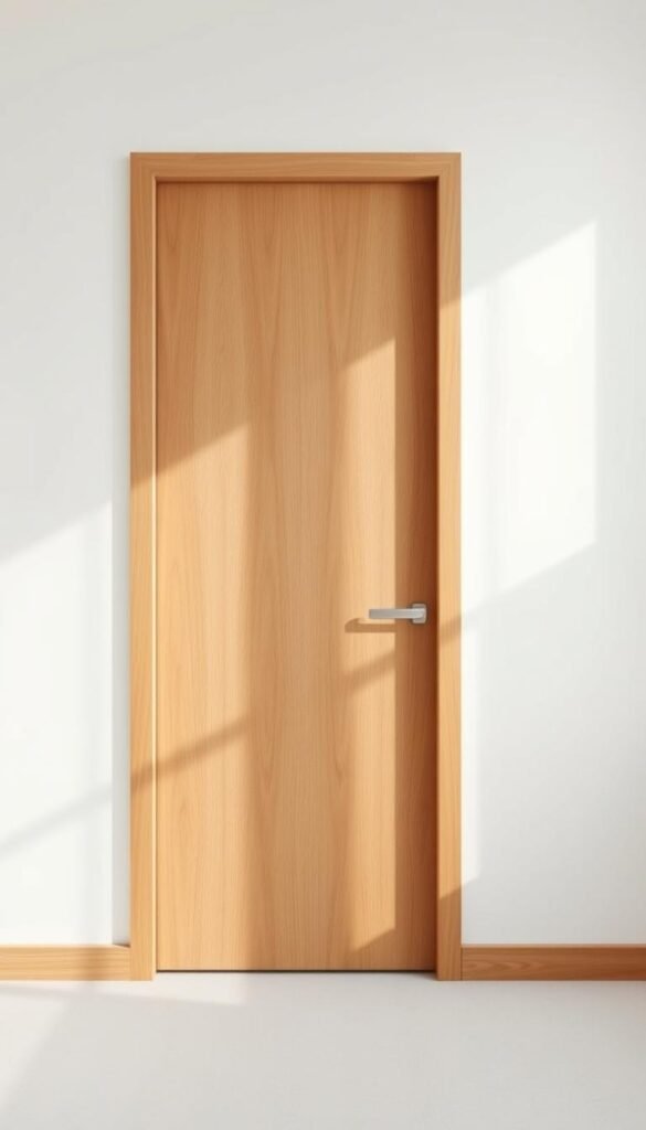 A modern, wooden door design with a sleek, minimalist aesthetic. The door is made of rich, warm-toned wood, with a clean-lined, rectangular frame. The door is set in a white wall, creating a striking contrast. The lighting is soft and natural, casting a warm glow on the wood. The composition is balanced, with the door positioned slightly off-center, adding visual interest. This design from My Home Dec would be a perfect addition to a serene, sage green nursery, reflecting the calming, chic style of the space. A modern, wooden door design with a sleek, minimalist aesthetic. The door is made of rich, warm-toned wood, with a clean-lined, rectangular frame. The door is set in a white wall, creating a striking contrast. The lighting is soft and natural, casting a warm glow on the wood. The composition is balanced, with the door positioned slightly off-center, adding visual interest. This design from My Home Dec would be a perfect addition to a serene, sage green nursery, reflecting the calming, chic style of the space.