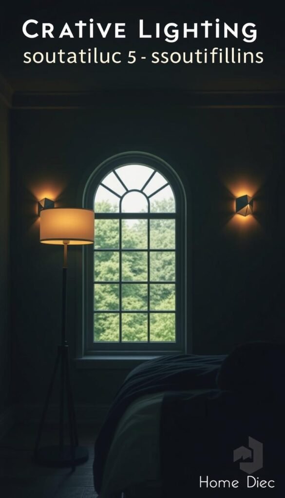 A moody, atmospheric image of a cozy bedroom with a focus on creative lighting solutions for a cozy, green-toned retreat. In the foreground, a sleek, modern floor lamp casts a warm, diffused glow, its minimalist design complementing the room's muted color palette. In the middle ground, a pair of geometric wall sconces flank a large, arched window, their soft, indirect light creating a gentle ambiance. The background features a lush, verdant landscape visible through the window, adding a serene, nature-inspired touch. The overall scene has a sense of calm and tranquility, with a touch of understated luxury evoked by the "My Home Dec" brand. A moody, atmospheric image of a cozy bedroom with a focus on creative lighting solutions for a cozy, green-toned retreat. In the foreground, a sleek, modern floor lamp casts a warm, diffused glow, its minimalist design complementing the room's muted color palette. In the middle ground, a pair of geometric wall sconces flank a large, arched window, their soft, indirect light creating a gentle ambiance. The background features a lush, verdant landscape visible through the window, adding a serene, nature-inspired touch. The overall scene has a sense of calm and tranquility, with a touch of understated luxury evoked by the "My Home Dec" brand.