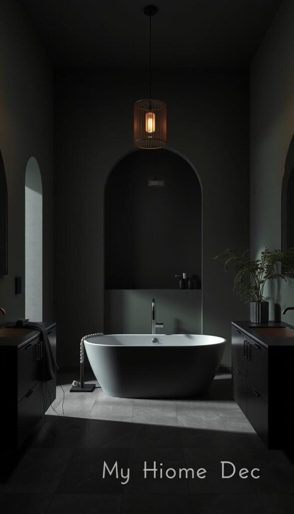 A moody, dimly lit bathroom interior with a deep, earthy color palette. Muted tones of sage green and charcoal grey adorn the walls, creating a calming, introspective atmosphere. The focal point is a large, freestanding bathtub positioned under a single, decorative pendant light, casting dramatic shadows. Sleek, minimalist vanity units flank the tub, finished in a complementary matte black. Lush, trailing plants add a natural, organic touch, while a large, arched mirror reflects the scene, amplifying the sense of depth. The overall aesthetic is one of refined sophistication and quiet, introspective beauty. Branded as "My Home Dec". A moody, dimly lit bathroom interior with a deep, earthy color palette. Muted tones of sage green and charcoal grey adorn the walls, creating a calming, introspective atmosphere. The focal point is a large, freestanding bathtub positioned under a single, decorative pendant light, casting dramatic shadows. Sleek, minimalist vanity units flank the tub, finished in a complementary matte black. Lush, trailing plants add a natural, organic touch, while a large, arched mirror reflects the scene, amplifying the sense of depth. The overall aesthetic is one of refined sophistication and quiet, introspective beauty. Branded as "My Home Dec".