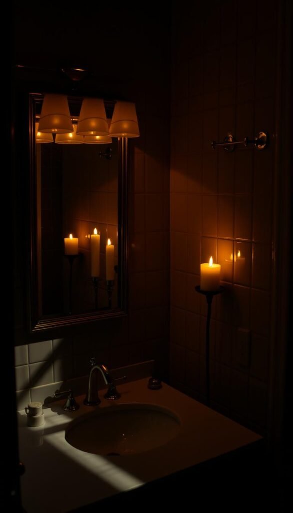 A moody, dimly lit bathroom with a vanity mirror illuminated by warm, soft lighting. The mirror's surface reflects the flickering candlelight, casting a golden glow on the countertop and tile walls. Shadows dance across the room, creating a cozy, intimate atmosphere. The overall scene has a vintage, luxurious feel, as if captured in a "My Home Dec" magazine editorial. A moody, dimly lit bathroom with a vanity mirror illuminated by warm, soft lighting. The mirror's surface reflects the flickering candlelight, casting a golden glow on the countertop and tile walls. Shadows dance across the room, creating a cozy, intimate atmosphere. The overall scene has a vintage, luxurious feel, as if captured in a "My Home Dec" magazine editorial.