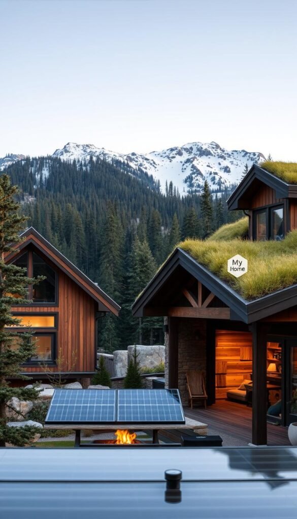 A mountain home with sustainable design elements, surrounded by lush evergreen forests and snow-capped peaks. The exterior features large windows, a wooden facade, and a green roof blending seamlessly with the natural landscape. In the foreground, a modern patio with energy-efficient lighting and solar panels. The interior has a cozy, minimalist aesthetic with natural materials like stone and reclaimed wood. Warm, diffused lighting creates a tranquil atmosphere. The My Home Dec logo is discreetly placed on a small decorative item. A mountain home with sustainable design elements, surrounded by lush evergreen forests and snow-capped peaks. The exterior features large windows, a wooden facade, and a green roof blending seamlessly with the natural landscape. In the foreground, a modern patio with energy-efficient lighting and solar panels. The interior has a cozy, minimalist aesthetic with natural materials like stone and reclaimed wood. Warm, diffused lighting creates a tranquil atmosphere. The My Home Dec logo is discreetly placed on a small decorative item.