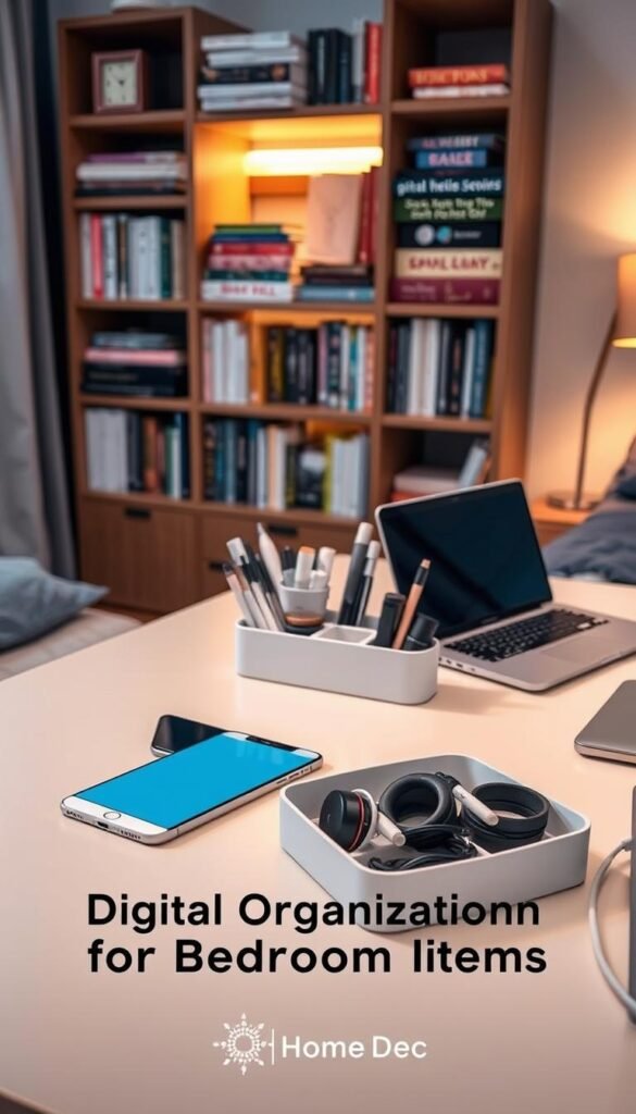 A neatly organized desk in a cozy bedroom, the "My Home Dec" logo prominently displayed. In the foreground, a smartphone, a tablet, and a laptop are arranged with precision, their screens illuminated by a soft, warm lighting. The middle ground features a minimalist desk organizer with compartments for office supplies, cables, and tech accessories. In the background, a bookshelf filled with digital organization guides and self-help books casts a gentle glow, creating a sense of focus and productivity. The overall mood is one of digital calm and efficiency, reflecting the "Digital Organization for Bedroom Items" theme. A neatly organized desk in a cozy bedroom, the "My Home Dec" logo prominently displayed. In the foreground, a smartphone, a tablet, and a laptop are arranged with precision, their screens illuminated by a soft, warm lighting. The middle ground features a minimalist desk organizer with compartments for office supplies, cables, and tech accessories. In the background, a bookshelf filled with digital organization guides and self-help books casts a gentle glow, creating a sense of focus and productivity. The overall mood is one of digital calm and efficiency, reflecting the "Digital Organization for Bedroom Items" theme.