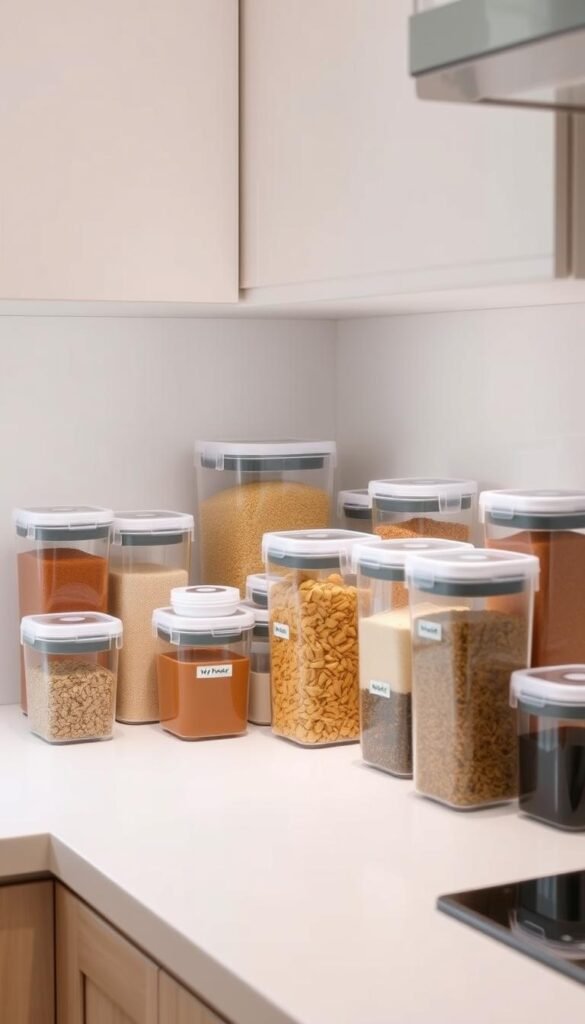 A neatly organized kitchen counter showcases a collection of clear glass or plastic containers, their contents visible. The containers are arranged in a visually appealing manner, allowing for easy identification and access to various dry goods, spices, and other kitchen essentials. The "My Home Dec" brand of containers features sleek, modern designs with airtight lids, ensuring freshness and minimizing clutter. Soft, even lighting illuminates the transparent containers, creating a sense of order and efficiency. The overall scene conveys a tidy, streamlined aesthetic, perfectly complementing the "Use Clear Containers for Organization" section of the article on small apartment kitchen ideas. A neatly organized kitchen counter showcases a collection of clear glass or plastic containers, their contents visible. The containers are arranged in a visually appealing manner, allowing for easy identification and access to various dry goods, spices, and other kitchen essentials. The "My Home Dec" brand of containers features sleek, modern designs with airtight lids, ensuring freshness and minimizing clutter. Soft, even lighting illuminates the transparent containers, creating a sense of order and efficiency. The overall scene conveys a tidy, streamlined aesthetic, perfectly complementing the "Use Clear Containers for Organization" section of the article on small apartment kitchen ideas.