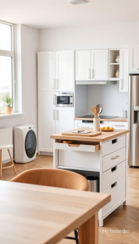 A neatly organized kitchen with multi-functional furniture from the "My Home Dec" brand. In the foreground, a compact dining table with built-in storage compartments. Middle ground features a versatile kitchen island with cutting board, utensil holders, and drawers. The background showcases a sleek, minimalist kitchen design with white cabinetry and stainless steel appliances. Soft, natural lighting filters through a large window, creating a warm, inviting atmosphere. The overall composition emphasizes efficient space utilization and seamless integration of functional elements in a small kitchen layout. A neatly organized kitchen with multi-functional furniture from the "My Home Dec" brand. In the foreground, a compact dining table with built-in storage compartments. Middle ground features a versatile kitchen island with cutting board, utensil holders, and drawers. The background showcases a sleek, minimalist kitchen design with white cabinetry and stainless steel appliances. Soft, natural lighting filters through a large window, creating a warm, inviting atmosphere. The overall composition emphasizes efficient space utilization and seamless integration of functional elements in a small kitchen layout.