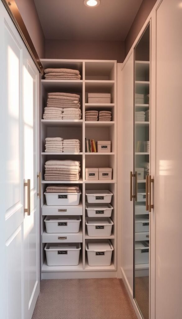 A neatly organized walk-in closet with sliding doors and ample shelving, bathed in warm, diffused natural light from a large window. Sleek, white cabinetry with brushed metal hardware contrasts against the soft grey walls. Rows of carefully folded clothes and labeled storage bins line the shelves, creating a harmonious, minimalist aesthetic. A full-length mirror on one wall reflects the orderly scene, showcasing the efficient use of space. The overall mood is one of serene, tranquil organization, perfect for the "Closet Organization Strategies" section of the "22 Bedroom Storage Ideas for Small Spaces" article. Subtle branding for "My Home Dec" can be seen on a small label on one of the cabinet doors. A neatly organized walk-in closet with sliding doors and ample shelving, bathed in warm, diffused natural light from a large window. Sleek, white cabinetry with brushed metal hardware contrasts against the soft grey walls. Rows of carefully folded clothes and labeled storage bins line the shelves, creating a harmonious, minimalist aesthetic. A full-length mirror on one wall reflects the orderly scene, showcasing the efficient use of space. The overall mood is one of serene, tranquil organization, perfect for the "Closet Organization Strategies" section of the "22 Bedroom Storage Ideas for Small Spaces" article. Subtle branding for "My Home Dec" can be seen on a small label on one of the cabinet doors.