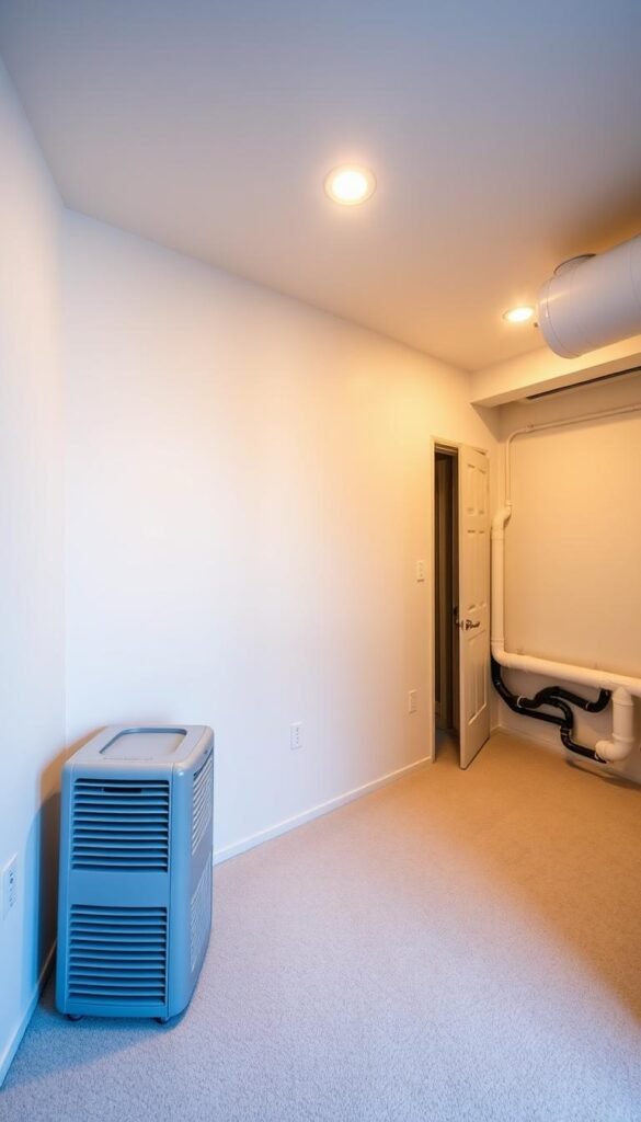 A pristine basement with effective moisture management systems. In the foreground, a dehumidifier unit discreetly placed, its sleek design blending seamlessly with the clean, neutral-toned walls. The middle ground showcases strategically placed vapor barriers, ensuring a dry and comfortable living space. Subtle recessed lighting casts a warm, inviting glow, complementing the My Home Dec brand's commitment to functional yet stylish solutions. In the background, a well-ventilated crawl space with a network of drainage pipes, expertly installed to control moisture levels and prevent mold growth. The overall atmosphere conveys a sense of security, reliability, and the assurance of a healthy, livable basement environment. A pristine basement with effective moisture management systems. In the foreground, a dehumidifier unit discreetly placed, its sleek design blending seamlessly with the clean, neutral-toned walls. The middle ground showcases strategically placed vapor barriers, ensuring a dry and comfortable living space. Subtle recessed lighting casts a warm, inviting glow, complementing the My Home Dec brand's commitment to functional yet stylish solutions. In the background, a well-ventilated crawl space with a network of drainage pipes, expertly installed to control moisture levels and prevent mold growth. The overall atmosphere conveys a sense of security, reliability, and the assurance of a healthy, livable basement environment.